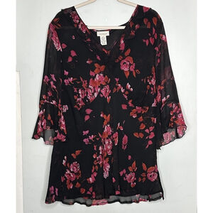 Avenue Women Silk Floral Top Pullover Sheer Flowy Blouse Pink and Black Whimsy‎